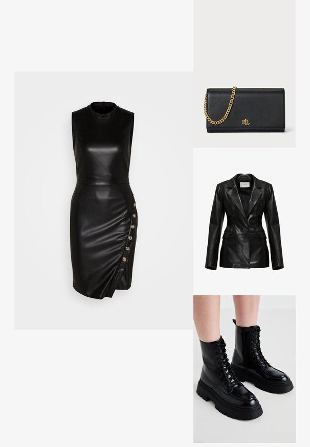 Schwarze Lederblazer mit strukturiertem Design, mit aufgeschlagenem Revers, einem einzelnen Knopf vorne und Seitentaschen, mit einer glatten Textur.; Schwarzes, ärmelloses Lederkleid mit hohem Kragen, taillierter Silhouette, asymmetrischem Saum und dekorativen Knöpfen entlang der Seitennaht.; Schwarze Lederknöchelstiefel mit einer kräftigen Sohle, Schnürung vorne und seitlichem Reißverschluss; besitzen ein glattes Finish und eine erhöhte Zehenkappe.; Schwarze Lederbörse mit einer goldenen Kettenriemen, ausgestattet mit einem goldenen Logo auf der Vorderseite. Minimalistisches Design mit einer glatten Textur und schlanker Form.