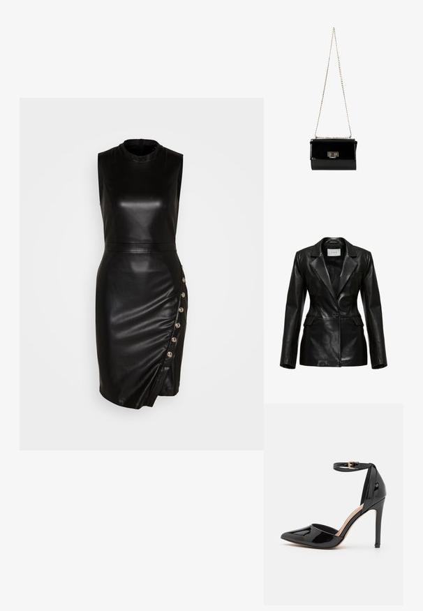 Zwart leren blazer met een gestructureerd ontwerp, revers-kraag, een enkele voorknoop en zijzakken, met een gladde textuur.; Zwarte leren mouwloze jurk met een hoge halslijn, aansluitende silhouet, asymmetrische zoom en decoratieve knopen langs de zijnnaad.; Zwarte gepatineerde leren hoge hak met een spitse neus, enkelbandje en slanke stilettohle. Gladde textuur met een glanzende afwerking.; Zwarte gepatineerde leren handtas met een gouden schouderband, rechthoekige vorm, voorzien van een flapsluiting aan de voorkant en een metallic logo accent.
