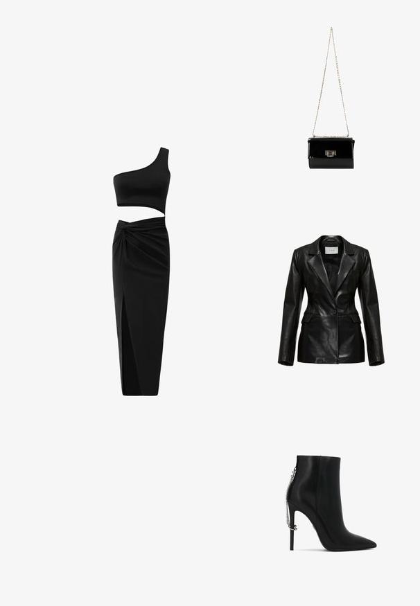Zwart leren blazer met een gestructureerd ontwerp, revers-kraag, een enkele voorknoop en zijzakken, met een gladde textuur.; Zwarte one-shoulder crop top met een uitsnijding in de taille, gecombineerd met een lange, geplooide rok met hoge taille en een voorsplit.; Zwarte leren enkellaars met hoge hak, spitse neus en zilveren kettinkje dat aan de achterkant van de hak hangt.; Zwarte gepatineerde leren handtas met een gouden schouderband, rechthoekige vorm, voorzien van een flapsluiting aan de voorkant en een metallic logo accent.