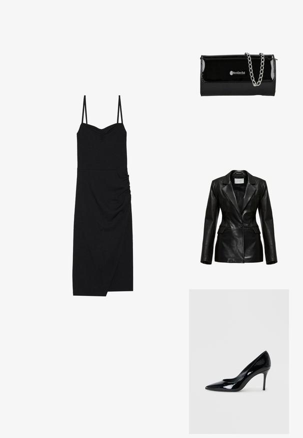 Blazer de cuero negro con un diseño estructurado, solapas con muesca, un solo botón en la parte delantera y bolsillos laterales, con una textura suave.; Vestido negro con textura acanalada, tirantes finos ajustables, escote corazón, detalle de fruncido lateral y dobladillo asimétrico. Confeccionado con una tela elástica.; Zapato de charol negro con punta afilada y un tacón de aguja delgado. Textura suave con un acabado brillante y un diseño minimalista.; Clutch de charol negro con una cadena plateada, que presenta un cierre de solapa y un detalle de logo en la parte frontal. Forma rectangular.