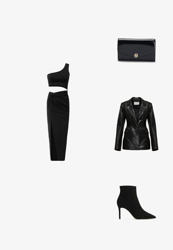 Blazer de cuero negro con un diseño estructurado, solapas con muesca, un solo botón en la parte delantera y bolsillos laterales, con una textura suave.; Conjunto negro de dos piezas que incluye un top corto de un solo hombro y una falda de cintura alta con un detalle retorcido y una abertura lateral. Tejido suave.; Botín negro de ante hasta el tobillo con punta afilada, tacón de aguja y textura suave. Sin hardware visible ni patrones. Silueta simple.; Bolso de mano clutch de cuero negro brillante con un logo entrelazado de la letra B en tono dorado en la solapa delantera, mostrado cerrado sobre un fondo blanco.