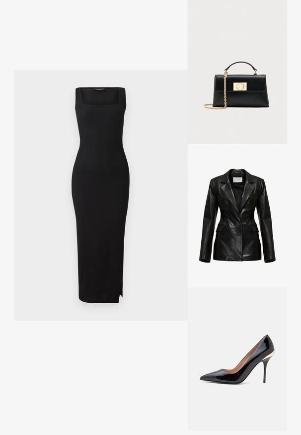 Schwarze Lederblazer mit strukturiertem Design, mit aufgeschlagenem Revers, einem einzelnen Knopf vorne und Seitentaschen, mit einer glatten Textur.; Schwarzes, geripptes Strick-Midi-Kleid mit quadratischem Ausschnitt, taillierter Silhouette und seitlichem Schlitz. Das Material hat eine glatte Textur. Einfaches Design.; Schwarzer Pumps aus Lackleder mit spitzer Schuhspitze, schlankem Stilettabsatz und goldenem Akzent nahe der Fersenkappe.; Schwarze Lederhandtasche mit einer strukturierten Form, die einen oberen Griff und einen goldfarbenen Kettenriemen besitzt. Dekorative goldene Beschläge mit Logodetail.