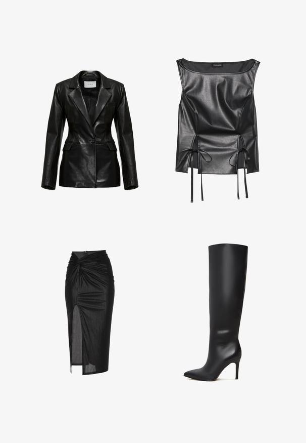 Sort læderblazer med en struktureret design, enkelt klapkrave, en enkelt frontknap og sidelommer, med en glat tekstur.; Sort faux læder top med en scoop neckline, samlet tekstur, sidesprækker med satinbånd og en tætsiddende silhuet.; Sort midi nederdel lavet af strækbart stof, med et snoet frontdesign, sideslids og lynlåslukning bagpå.; Sorte læder knæhøje stiletto støvler med spids tå og glat, glinsende overflade. Har en høj, slank hæl for en forlænget silhuet.
