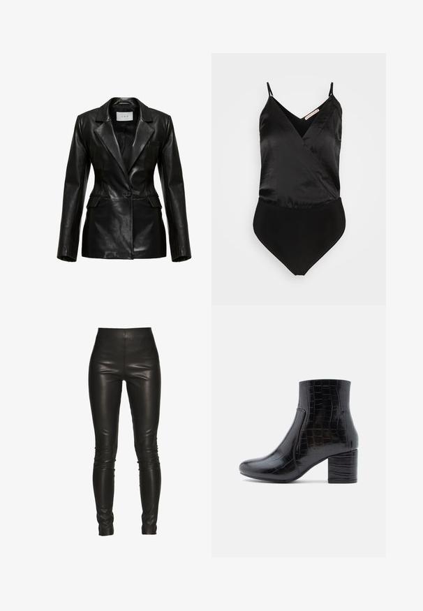 Zwart leren blazer met een gestructureerd ontwerp, revers-kraag, een enkele voorknoop en zijzakken, met een gladde textuur.; Anna Field by Zalando Top - black; Zwarte leren legging met een hoge taille, slim fit, een gladde textuur en zonder zichtbare naden of hardware details.; Zwarte enkellaars gemaakt van glanzend krokodillenprintleer. Voorzien van een ronde neus en een dikke blokhak. Gladde textuur en slank ontwerp.