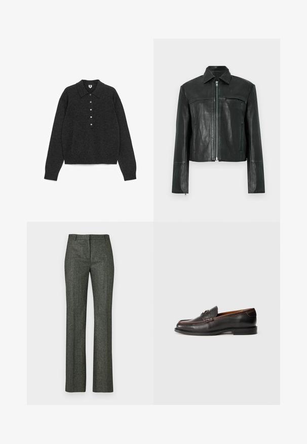Veste en cuir noire avec fermeture éclair à l'avant, col pointu et une poche poitrine. Présente des détails de coutures et une coupe courte. Texture lisse.; Pull en maille à manches longues de couleur gris foncé, avec col et patte de boutonnage à cinq boutons, finitions côtelées aux poignets et à l'ourlet, posé à plat sur un fond blanc.; Pantalons gris à rayures fines sur mesure, fabriqués en tissu texturé, présentant une coupe droite et une taille classique avec passants de ceinture.; Mocassins en cuir noir avec une finition lisse, bout rond et détails cousus. Présente un talon bas et un design minimaliste.