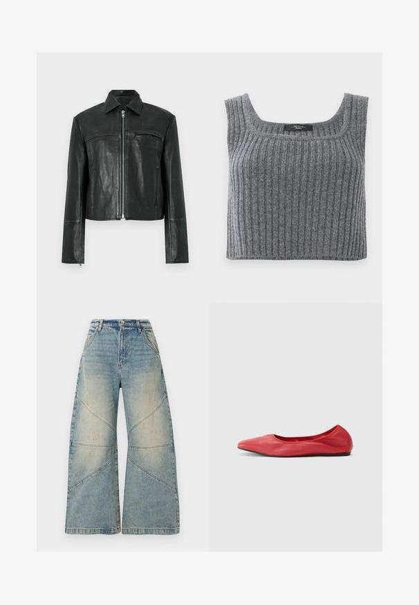 Veste en cuir noire avec fermeture éclair à l'avant, col pointu et une poche poitrine. Présente des détails de coutures et une coupe courte. Texture lisse.; Weekend Max Mara ZURCA - Débardeur - antracite; Jean bleu clair à jambes larges, taille haute, fermeture par bouton et zip, poches avant et détails de coutures diagonales.; Filippa K REY FLATS - Ballerines - bright red