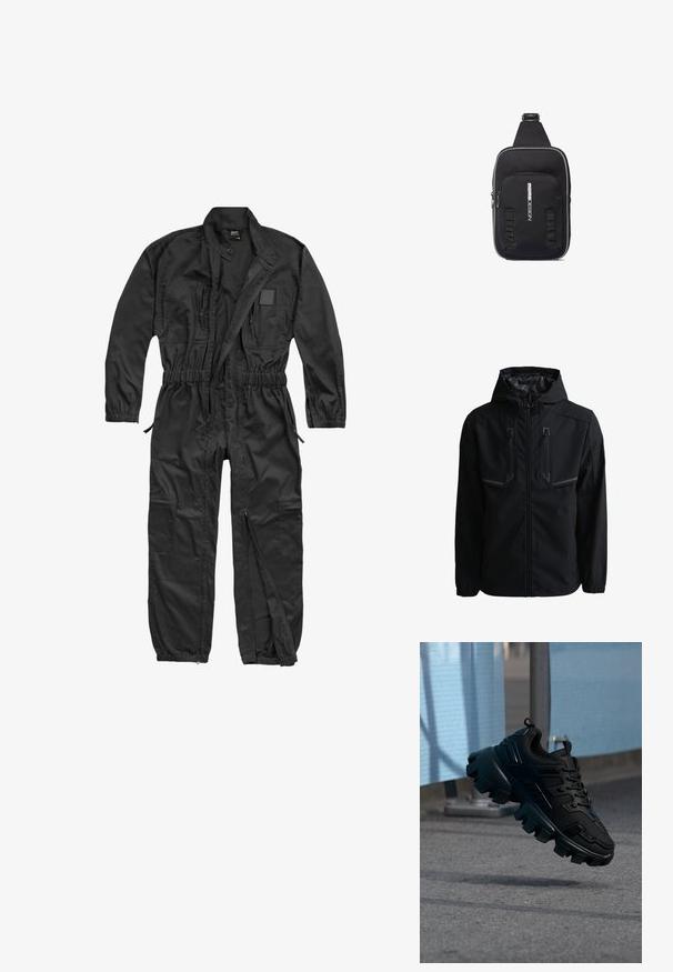 Zwarte gewatteerde jas met capuchon, voorrits en twee verticale borstzakken met rits en reflecterende accenten.; Brandit BRANDIT HERREN EINSATZKOMBI - Jumpsuit - black; Zwarte chunky sneaker met dikke profielzool die boven een grijze stoep zweeft, tegen een wazige lichtblauwe en grijze achtergrond.; Zwarte slingtas met enkele band, voorvak met ritssluiting, reflecterende bies en verticaal bedrukt "momoDESIGN"-logo op het voorvak.