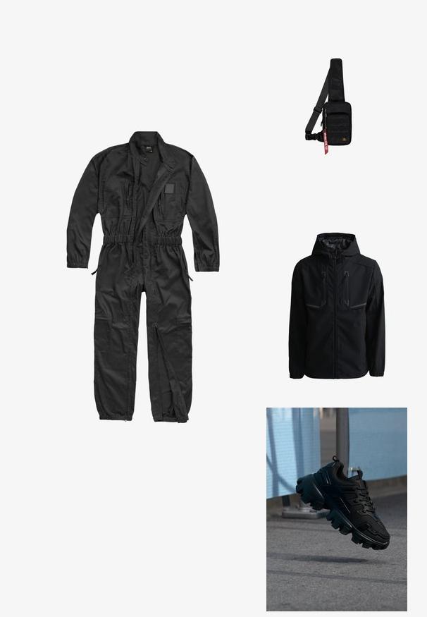 Sort hættejakke med frontlynlås og to lodrette lynlåslommer på brystet med reflekterende detaljer.; Brandit BRANDIT HERREN EINSATZKOMBI - Buksedragter - black; Sort chunky sneaker med tyk slidbane sål, der svæver over en grå fortov mod en sløret lyseblå og grå baggrund.; Sort skuldertaske lavet af tekstureret stof. Har et lynlåslukket hovedrum, forlom med webbing, justerbar rem og et dekorativt mærke.