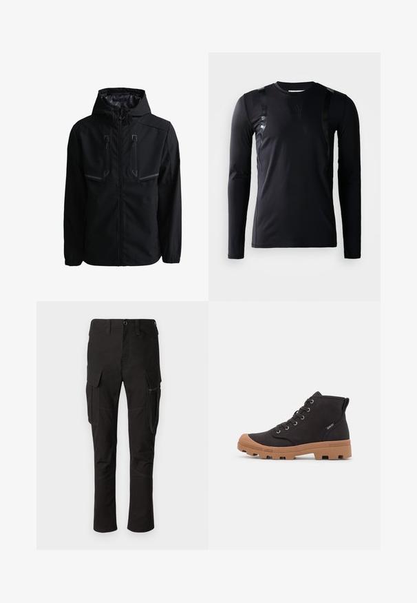 Veste noire à capuche avec fermeture éclair frontale et deux poches poitrine verticales zippées avec accents réfléchissants.; T-shirt de sport à manches longues noir en tissu lisse et extensible. Présente des accents noirs brillants sur les épaules et un logo Adidas sur la poitrine.; Pantalon cargo noir avec plusieurs poches, poche latérale zippée et couture renforcée, présentant un design à jambe droite et un tissu durable.; Bottes de cheville en toile noire avec semelles en caoutchouc marron, dotées d'œillets en métal, d'un design à lacets et d'une surface texturée.