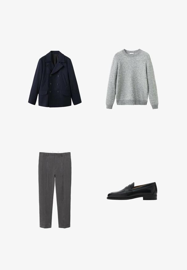 Dobbeltradet navy peacoat i en tyk uldblanding. Har brede revers, to forlommer og seks knapper foran.; Grå sweater lavet af tekstureret strikstof med zigzagmønster, rund halsudskæring samt ribstrikkede manchetter og kant. Regular fit design.; Mørkegrå skræddersyede bukser med bæltestropper, knaplukning, forkantfold og opsmøgte kanter, vist fladt mod en hvid baggrund.; Sort læder penny loafer med lav hæl, rundet tå og rem over den øverste del af skoen.