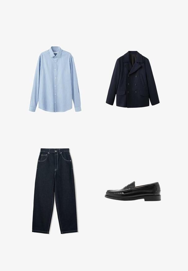 Caban bleu marine croisé en mélange de laine épais. Doté de larges revers, de deux poches avant et de six boutons sur le devant.; Chemise bleu clair à manches longues avec de fines rayures blanches verticales. Elle présente un col pointu, des fermetures à boutons et un ourlet arrondi.; Jean en denim foncé à jambes larges avec des coutures blanches contrastées, cinq poches et une fermeture bouton. Présente un design taille haute.; Mocassin penny en cuir noir avec bout mocassin cousu, talon bas et finition lisse et polie, présenté de profil sur fond blanc.