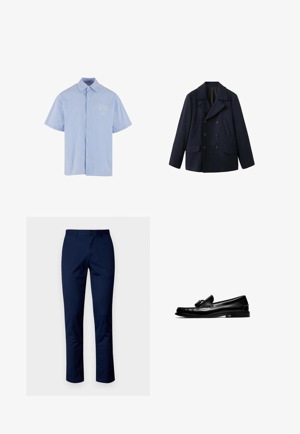 Dobbeltradet navy peacoat i en tyk uldblanding. Har brede revers, to forlommer og seks knapper foran.; Kortærmet skjorte med knapper i lys blå med hvide striber, med en klassisk krave og et lille broderet design på brystet.; Mørkeblå bomuldsbukser med et lige ben design, der har en frontknaplukning, bæltestropper og rene sømme. Glat tekstur uden mønstre.; Sort læderloafer med kvaster, lav hæl og syninger, vist fra siden på en hvid baggrund.