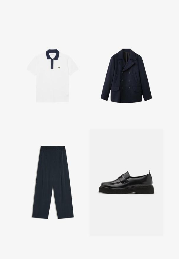 Dubbelgeknoopte marineblauwe peacoat van een dikke wolmix. Heeft brede revers, twee voorzakken en zes knopen aan de voorkant.; Witte polo shirt van katoen, met een marineblauwe kraag en een drieknopenlijst. Inclusief een klein groen geborduurd logo op de linkerborst.; Marineblauwe wijde broek met plooien, lussentaille en een hoge taille, plat liggend op een witte achtergrond.; Zwarte leren instapschoenen in loafer-stijl, met een vlakke, gestructureerde zool, voorzien van een gestikte neus en een band over de wreef.