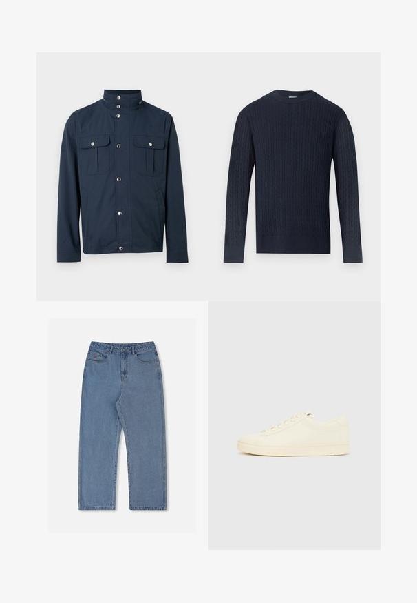 Veste pour homme bleu marine avec col montant, boutons-pression sur le devant, deux poches poitrine à rabat avec fermetures à pression, et poches latérales.; Pull bleu marine à manches longues en maille torsadée avec col rond et poignets et ourlet côtelés sur fond gris clair.; Jean en denim bleu clair à coupe ample, jambes droites, cinq poches et fermeture à bouton. Présente un logo rouge discret sur la poche avant.; Baskets couleur crème avec une tige en cuir lisse, bout arrondi, laçage à l'avant et semelle en caoutchouc texturée. Design minimaliste, sans logo.