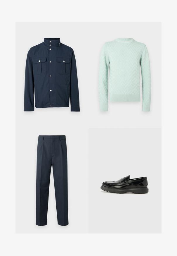 Veste pour homme bleu marine avec col montant, boutons-pression sur le devant, deux poches poitrine à rabat avec fermetures à pression, et poches latérales.; Pull en maille à manches longues de couleur vert menthe clair avec un motif géométrique texturé et des poignets, un ourlet et un col ras du cou côtelés.; Pantalon droit bleu marine avec passants de ceinture, fermeture éclair devant et détails plissés le long de la taille.; Mocassin en cuir noir avec une finition brillante, bout arrondi, détails de couture subtils et semelle en caoutchouc épaisse pour la durabilité.