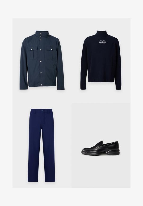 Chaqueta azul marino para hombre con cuello alto, botones de presión en la parte delantera, dos bolsillos en el pecho con solapa y cierre de presión, y bolsillos laterales.; Iceberg MAGLIA LUPETTO - Jersey de punto - blu scurissimo; Pantalones azul marino con botón y cremallera, corte recto, parte delantera lisa y bolsillos laterales; fabricados en una tela suave y ligera.; Mocasines de piel negra con una suela de goma texturizada y baja, y un diseño de costura en la parte superior. Presenta una punta redondeada y mínimas ornamentaciones.