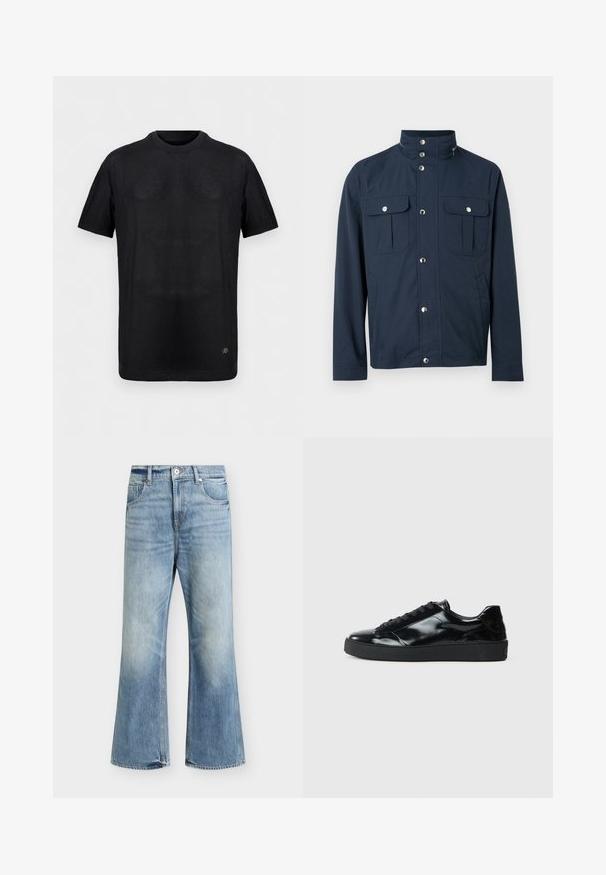 Veste pour homme bleu marine avec col montant, boutons-pression sur le devant, deux poches poitrine à rabat avec fermetures à pression, et poches latérales.; T-shirt noir à manches courtes en maille côtelée avec col rond et petit logo métallique près de l'ourlet inférieur sur un fond uni.; Jean bleu clair taille haute jambe large, fermeture devant par bouton et zip, deux poches avant et délavage subtil sur les cuisses et les genoux.; Baskets en cuir verni noir avec un bout arrondi, un laçage, une semelle en caoutchouc texturé et une finition lisse.