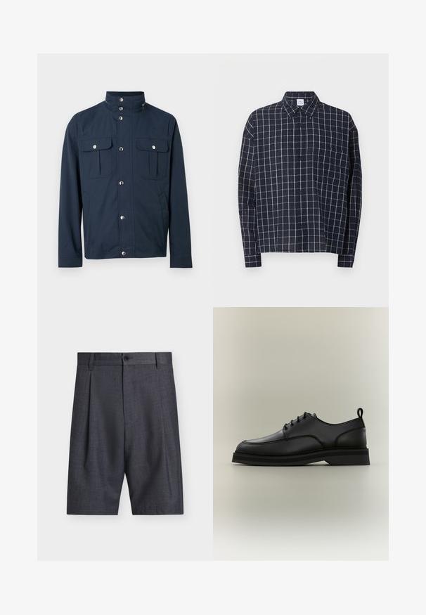 Veste pour homme bleu marine avec col montant, boutons-pression sur le devant, deux poches poitrine à rabat avec fermetures à pression, et poches latérales.; Chemise bleu marine à boutons avec motif quadrillé blanc, manches longues, poche poitrine et col pointu.; Shorts pour hommes gris foncé taillés sur mesure avec passants de ceinture, bouton à l'avant, fermeture éclair et plis latéraux subtils.; Chaussure habillée en cuir noir à lacets, semelle épaisse et languette de traction au talon, montrée de profil sur un fond neutre.