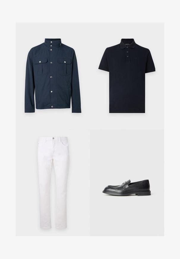Donkerblauw herenjack met hoge kraag, drukknoopsluiting aan de voorkant, twee klepzakken op de borst met drukknoopsluiting en zijzakken.; Zwart poloshirt met korte mouwen, kraag, drie knopen en een subtiel merkembleem op de linkerborst.; Witte denimjeans met een rechte pijp, voorzien van twee voorzakken, een achterzak en een metalen knoopsluiting in de taille.; Zwarte leren loafers met een gestructureerde afwerking, voorzien van een decoratieve voorstrik en een afgeronde neus. Rubberzool voor duurzaamheid.