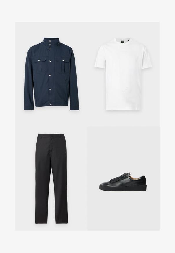 Veste pour homme bleu marine avec col montant, boutons-pression sur le devant, deux poches poitrine à rabat avec fermetures à pression, et poches latérales.; T-shirt blanc uni à manches courtes et col rond, avec un logo discret en relief sur la poitrine et une étiquette noire de la marque à l'intérieur du col.; Pantalon de costume noir à jambes droites, passants pour ceinture et fermeture frontale dissimulée, présenté sur un fond blanc.; Baskets en cuir noir avec une texture lisse, bout rond et fermeture à lacets. Comprend une semelle en caoutchouc épaisse et un minimum de détails de marque.