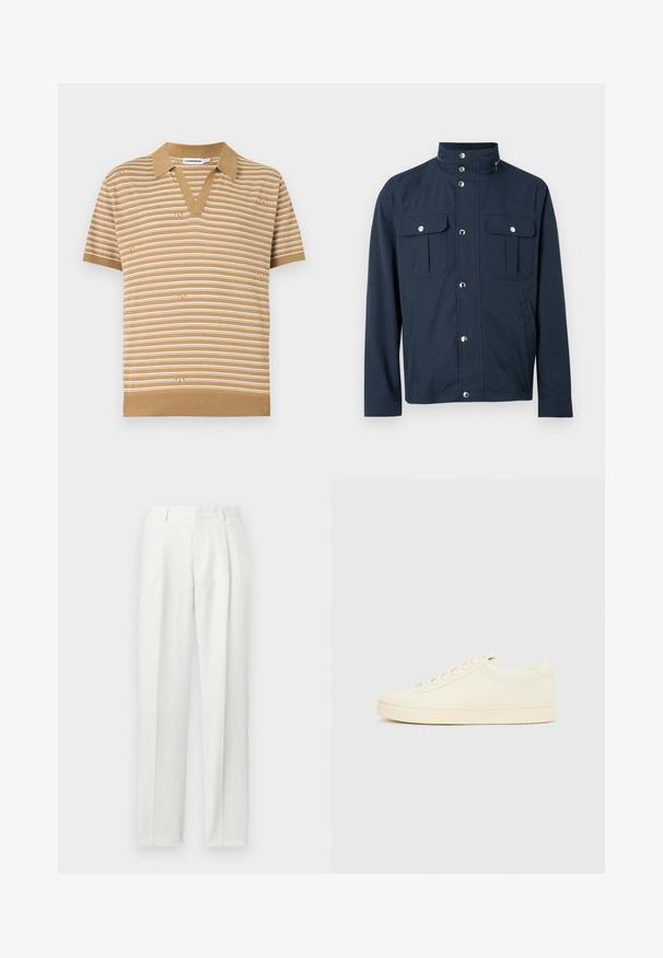 Veste pour homme bleu marine avec col montant, boutons-pression sur le devant, deux poches poitrine à rabat avec fermetures à pression, et poches latérales.; Polo à manches courtes de couleur fauve avec des rayures blanches horizontales et un col en V, présenté sur fond blanc.; Pantalon droit blanc taille haute avec passants de ceinture et pli avant, présenté sur un fond clair uni.; Baskets couleur crème avec une tige en cuir lisse, bout arrondi, laçage à l'avant et semelle en caoutchouc texturée. Design minimaliste, sans logo.
