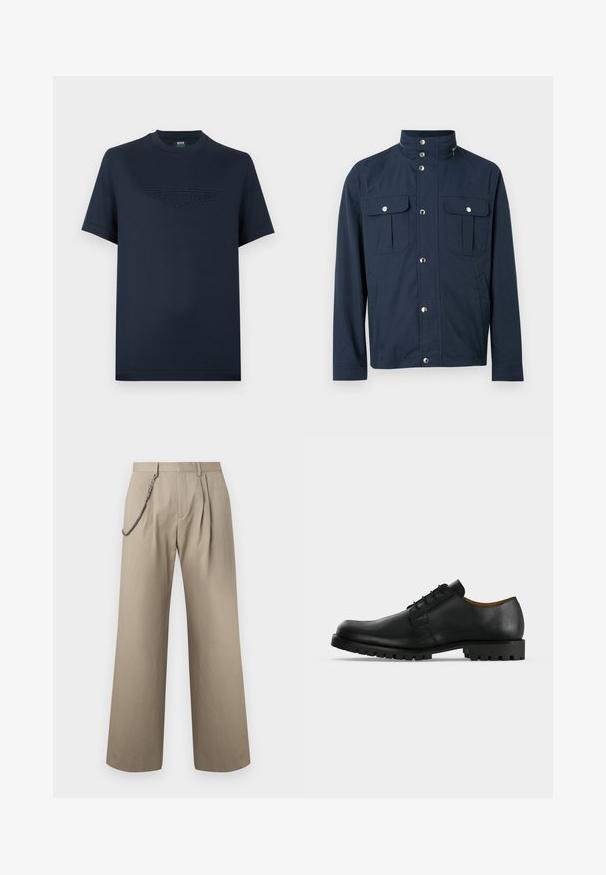Veste pour homme bleu marine avec col montant, boutons-pression sur le devant, deux poches poitrine à rabat avec fermetures à pression, et poches latérales.; T-shirt en coton bleu marine à manches courtes, avec un logo ailé Aston Martin texturé sur le devant. Col rond classique, coupe décontractée.; Pantalon beige à jambes larges avec plis à l'avant et une chaîne métallique attachée au passant de ceinture gauche pour le style.; Chaussure de ville noire en cuir à lacets avec une semelle épaisse et rainurée et un petit talon, présentée sur fond blanc.
