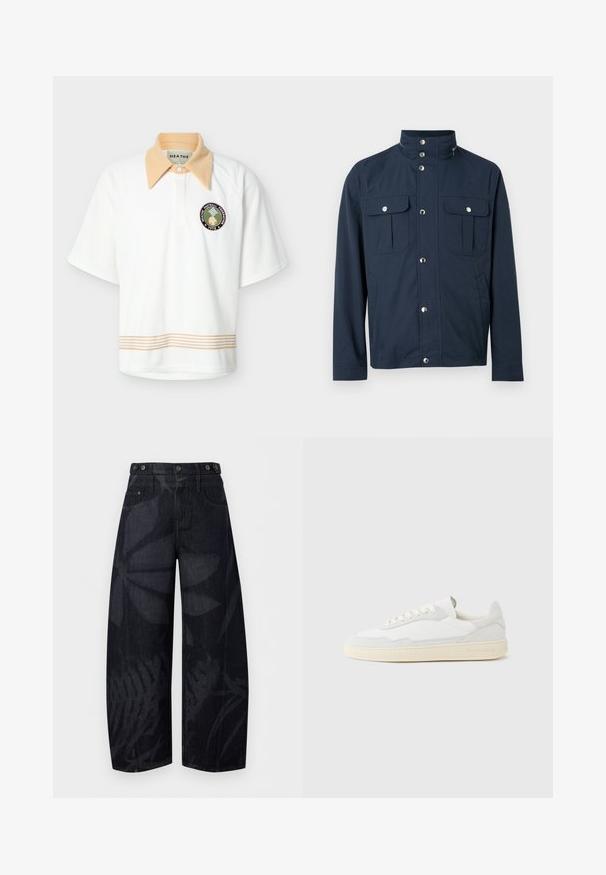 Veste pour homme bleu marine avec col montant, boutons-pression sur le devant, deux poches poitrine à rabat avec fermetures à pression, et poches latérales.; Polo blanc à manches courtes avec col pointu beige, bordure rayée beige à l'ourlet, et écusson circulaire "HEATHE Football Federation 1978" sur la poitrine.; Pantalon en denim noir taille haute à jambes larges, avec motifs subtils de feuilles sombres et détails de boutons à la taille.; Baskets blanches avec dessus en daim et cuir texturé. Caractérisées par un bout arrondi, une fermeture à lacets et une semelle en caoutchouc beige contrastante.