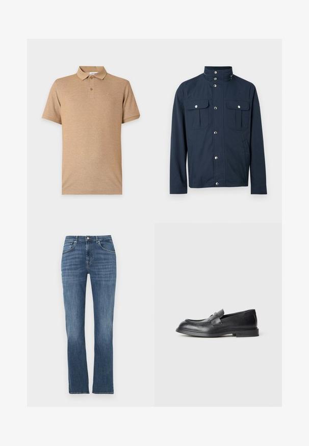 Veste pour homme bleu marine avec col montant, boutons-pression sur le devant, deux poches poitrine à rabat avec fermetures à pression, et poches latérales.; Polo beige à manches courtes avec deux boutons et un logo brodé discret sur la poitrine gauche, présenté sur un fond uni.; Jean denim bleu à jambes droites avec poches avant, fermeture à boutons et léger effet délavé sur les cuisses et les genoux.; Mocassins en cuir noir avec une finition texturée, dotés d'une bride décorative à l'avant et d'un bout arrondi. Semelle en caoutchouc pour plus de durabilité.