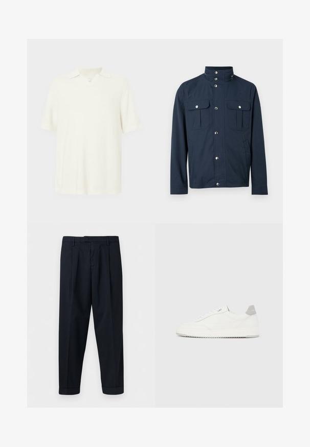 Chaqueta azul marino para hombre con cuello alto, botones de presión en la parte delantera, dos bolsillos en el pecho con solapa y cierre de presión, y bolsillos laterales.; Polo de manga corta, color crema claro, hecho de un tejido texturizado, que cuenta con un escote en V y un diseño de cuello clásico.; Pantalones ajustados de color azul marino con trabillas para cinturón, plisados en la parte delantera y dobladillos con puños, exhibidos sobre un fondo blanco.; Zapatilla blanca de corte bajo con pestaña en el talón gris, cordones blancos y suela texturizada, presentada sobre un fondo claro y liso.