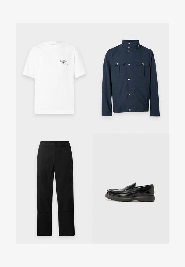 Veste pour homme bleu marine avec col montant, boutons-pression sur le devant, deux poches poitrine à rabat avec fermetures à pression, et poches latérales.; T-shirt blanc à manches courtes avec un petit graphique de poisson noir et le texte « FERMÉ POUR L'ÉTÉ » sur le côté gauche de la poitrine.; Pantalons noirs en tissu lisse, avec un devant plat, deux poches avant et une coupe droite agrémentée de détails de couture discrets.; Mocassin en cuir noir avec une finition brillante, bout arrondi, détails de couture subtils et semelle en caoutchouc épaisse pour la durabilité.