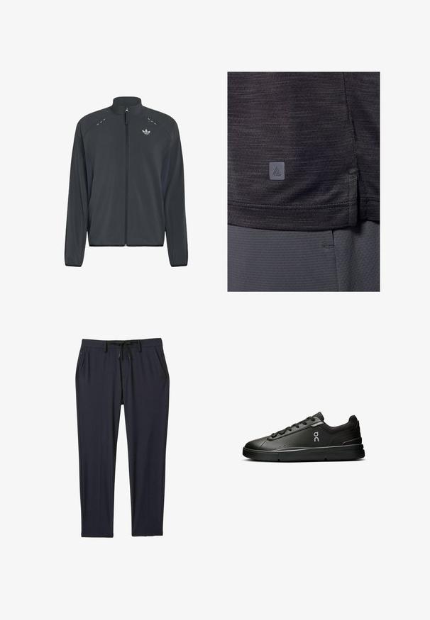 Chaqueta negra Adidas con cremallera, mangas largas, cuello alto, detalles reflectantes en los hombros y logotipo Adidas trefoil en el pecho.; Camiseta deportiva gris oscuro, hecha de tejido texturizado. Presenta una abertura lateral en el dobladillo y una pequeña etiqueta de logo en la esquina inferior izquierda.; Pantalones deportivos de color navy hechos de una tela elástica, con una cinturilla ajustable con cordón, dos bolsillos laterales y un corte de pierna recta.; On THE ROGER ADVANTAGE - Zapatillas - black black