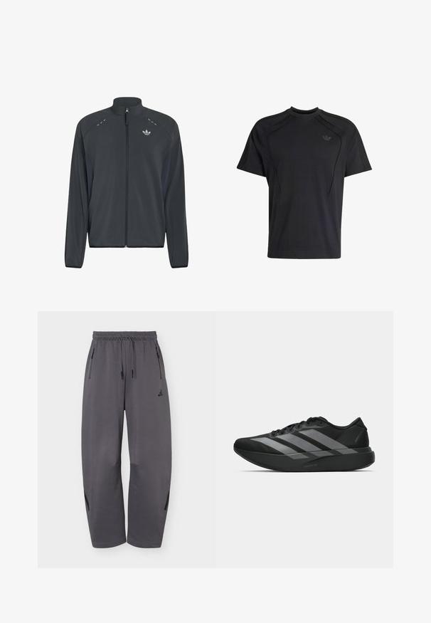 Zwarte Adidas jas met rits, lange mouwen, opstaande kraag, reflecterende details op de schouders en Adidas trefoil-logo op de borst.; Zwart Adidas T-shirt met korte mouwen en ronde hals, subtiel merklogo op de borst en gestikte paneeldetails op de schouders en zijkanten.; Donkergrijze atletische broek met wijde pijpen, elastische tailleband, trekkoorden, ritssluitingen aan de zijkanten en een subtiel merkembleem op de linker dij.; Zwarte sportieve schoenen met een lichtgewicht ontwerp, voorzien van drie opvallende grijze strepen, een gladde textuur en een gevormde zool.