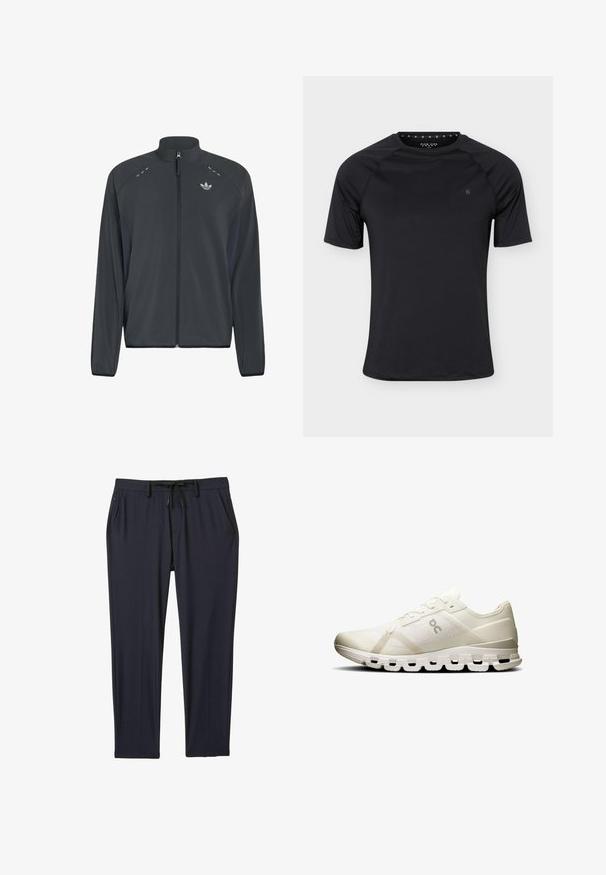 Veste zippée noire Adidas avec manches longues, col montant, détails réfléchissants aux épaules et logo Adidas trefoil sur la poitrine.; T-shirt de sport noir à manches courtes avec col rond et petit logo sur la poitrine gauche, présenté sur un fond clair uni.; Pantalons de sport bleu marine en tissu extensible, dotés d'une taille élastique à cordon de serrage, de deux poches latérales et d'une coupe droite.; Baskets de sport blanches avec un dessus en mesh respirant, au design minimaliste, dotées d'une semelle rembourrée avec des découpes allongées pour un meilleur soutien.