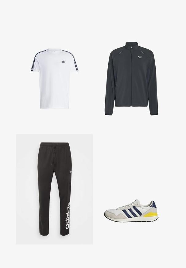 Chaqueta negra Adidas con cremallera, mangas largas, cuello alto, detalles reflectantes en los hombros y logotipo Adidas trefoil en el pecho.; Camiseta blanca de manga corta hecha de algodón con el logo negro de adidas en el pecho y tres franjas negras a lo largo de los hombros.; Pantalones atléticos negros de mezcla de algodón, con una cinturilla elástica con cordón y el logo blanco de "adidas" impreso en la pierna izquierda.; Zapatilla Adidas blanca y gris con rayas azul marino y un detalle amarillo en el talón, vista de lado sobre un fondo blanco.