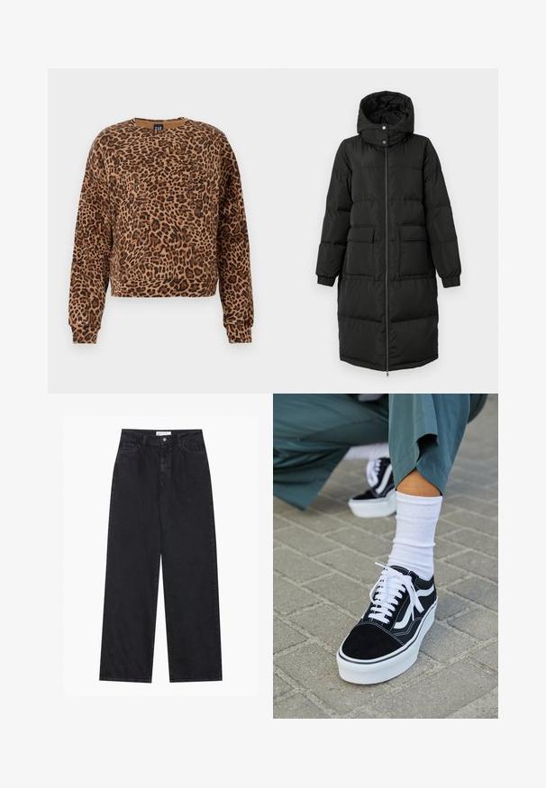 Lang schwarzer gepolsterter Wintermantel mit Kapuze, Frontreißverschluss, zwei großen Klappentaschen und elastischen Bündchen.; Sweatshirt mit Leopardenmuster in Brauntönen und Schwarz. Hergestellt aus weichem Material, verfügt über einen runden Ausschnitt und lange Ärmel mit gerippten Bündchen.; Schwarze hoch geschnittene, weit geschnittene Jeans aus Denim mit Vorderknopf- und Reißverschluss, Gürtelschlaufen und fünf Taschen.; Schwarze Wildledersneaker mit weißen Akzenten und Schnürsenkeln, ausgestattet mit einer dicken weißen Sohle und kontrastierenden Nähten, kombiniert mit einer weißen Socke.