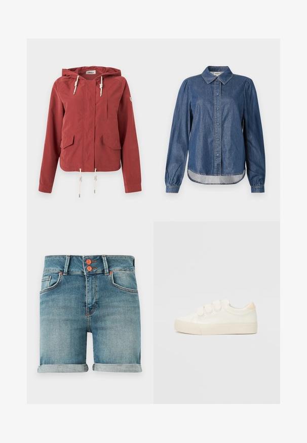 Veste à capuche rouge rouille avec fermeture éclair à l'avant, deux poches à rabat, une poche poitrine et des cordons réglables à la capuche et à l'ourlet.; Chemise en denim bleu foncé avec un col, fermée par des boutons à l'avant, manches longues bouffantes et ourlet arrondi, avec des coutures contrastantes.; Shorts en denim bleu avec ourlets roulés, double bouton en cuivre, poches avant et passants pour ceinture sur un fond uni.; Baskets blanches avec une tige lisse semblable à du cuir, trois bandes auto-agrippantes, bout rond et semelle en caoutchouc texturé. Accent à l'arrière en beige.