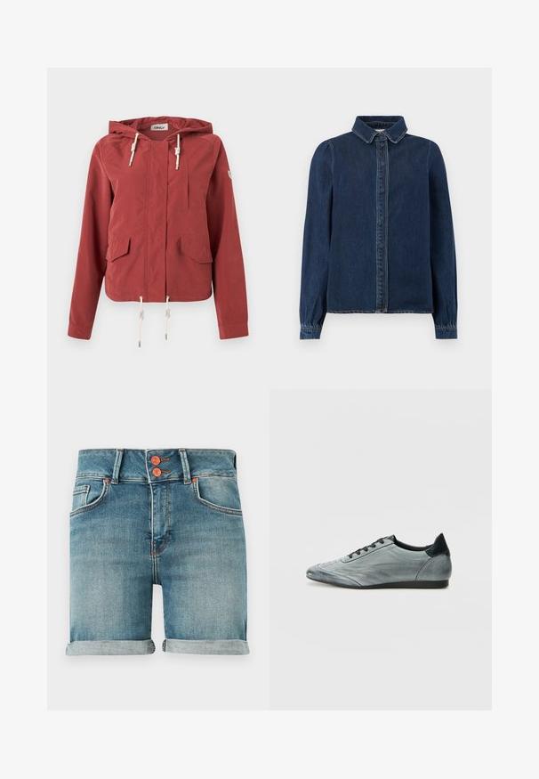Veste à capuche rouge rouille avec fermeture éclair à l'avant, deux poches à rabat, une poche poitrine et des cordons réglables à la capuche et à l'ourlet.; Chemise en jean bleu foncé avec un col classique, des boutons sur le devant et des manches longues avec des poignets froncés. Présente des coutures contrastantes sur l'ensemble.; Shorts en denim bleu avec ourlets roulés, double bouton en cuivre, poches avant et passants pour ceinture sur un fond uni.; Baskets en cuir gris clair au design épuré, avec des détails cousus, des lacets noirs et un accent de talon foncé. Semelle en caoutchouc.