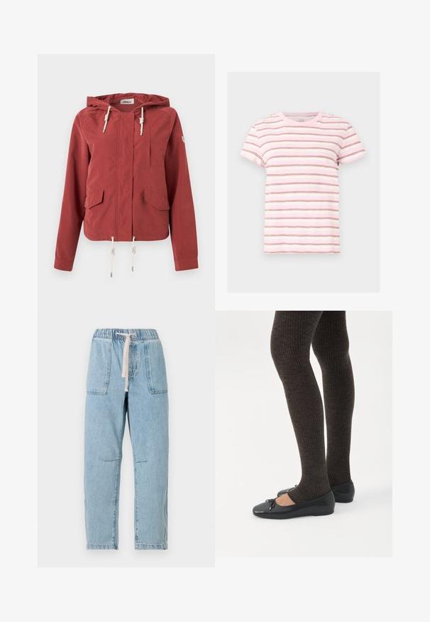 Rooibruine capuchonjas met ritssluiting aan de voorkant, twee klepzakken, borstzak en verstelbare trekkoorden aan capuchon en zoom.; Roze-witte T-shirt met korte mouwen, dunne horizontale bruine strepen, ronde hals en een casual pasvorm.; Lichtblauwe denim broek met een elastische tailleband en koord. Voorzien van twee voorzakken en zichtbare stiksels. Rechte pasvorm.; Benen met donkere geribbelde leggings gecombineerd met zwarte ballerina's met kleine strikdetails op een witte achtergrond.
