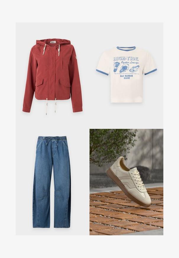 Veste à capuche rouge rouille avec fermeture éclair à l'avant, deux poches à rabat, une poche poitrine et des cordons réglables à la capuche et à l'ourlet.; T-shirt crème avec bordure bleue présentant le texte « HIGH-TIDE Oyster Lounge » et trois illustrations de coquilles d'huîtres bleues, en référence à Bar Harbor, Maine.; Pantalon en jean bleu coupe ample avec taille élastique et cordon, avec poches latérales et détails cousus aux genoux.; Baskets couleur crème avec une semelle extérieure en caoutchouc beige texturée, un design à lacets et un marquage subtil sur le côté. Tige en cuir lisse.