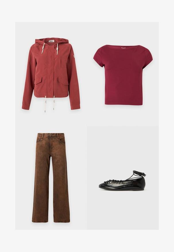 Kaputzenjacke in Rostrot mit Frontreißverschluss, zwei Klappentaschen, Brusttasche und verstellbaren Kordeln an Kapuze und Saum.; Kurzärmeliges, einfarbiges bordeauxfarbenes Cropped-Top mit breitem Ausschnitt und glattem Stoff, auf hellem, einfarbigem Hintergrund gezeigt.; Braune Weitbeinhosen aus Denim mit strukturiertem Finish, Knopf- und Reißverschlussverschluss sowie zwei vorderen Taschen.; Schwarze Ballerinas aus Lackleder mit runder Spitze, Schnürdesign und flacher Sohle. Glatte Textur mit minimaler Verzierung.