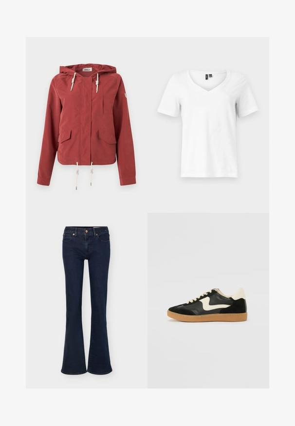 Veste à capuche rouge rouille avec fermeture éclair à l'avant, deux poches à rabat, une poche poitrine et des cordons réglables à la capuche et à l'ourlet.; T-shirt blanc à manches courtes en col V avec étiquettes noires visibles au col sur fond gris clair.; Jean en denim bleu foncé avec taille haute, fermeture par bouton et zip, poches avant et jambes évasées.; Baskets en daim et cuir noir avec un swoosh latéral crème et un talon crème clair. Dotées de lacets beige et d'une semelle en caoutchouc gomme.