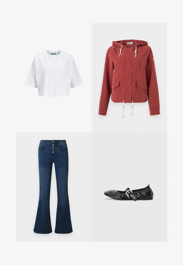 Rustfarvet hættejakke med lynlås foran, to klaplommer, brystlomme og justerbare snore i hætten og i kanten.; Hvid cropped t-shirt lavet af bomuld, med korte ærmer og rund hals. Grøn label indeni med synligt mærkenavn.; Mørkeblå denim jeans med vidde forneden, høj talje og lukning med fem knapper foran. Glat tekstur med diskret falming og syningsdetaljer.; Sorte læder flade sko med spids tå, samling detaljer omkring åbningen, og en sølv spænde accent på den justerbare rem.