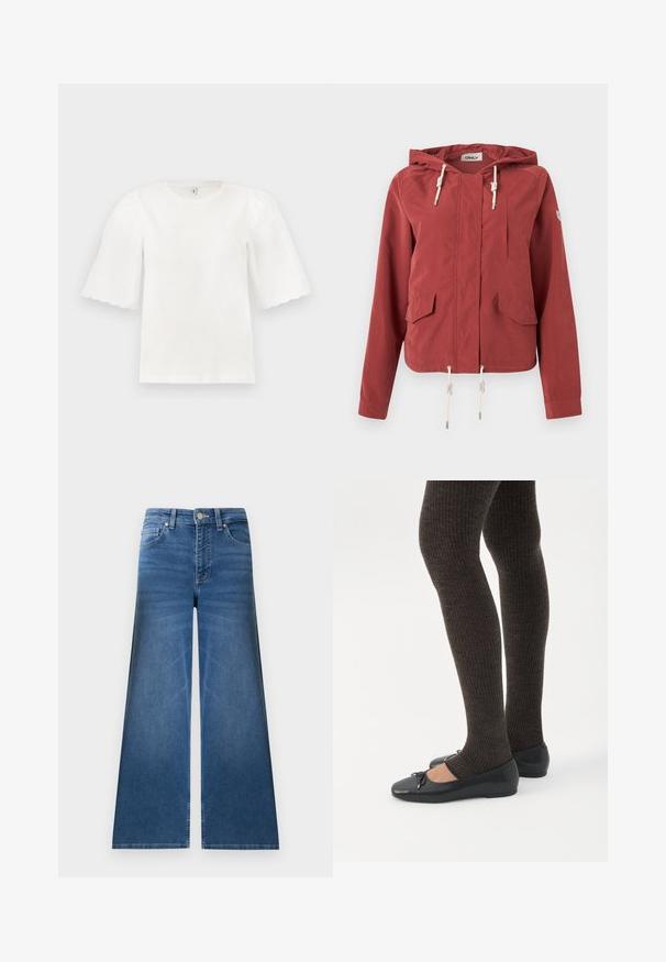 Veste à capuche rouge rouille avec fermeture éclair à l'avant, deux poches à rabat, une poche poitrine et des cordons réglables à la capuche et à l'ourlet.; Blouse blanche à manches courtes avec bords festonnés et manches bouffantes, col rond, présentée sur un fond clair uni.; Jean en denim bleu à jambes larges avec poches avant et arrière, passants pour ceinture et fermeture par bouton.; Jambes portant des leggings côtelés foncés associés à des ballerines noires avec de petits détails en nœud sur fond blanc.