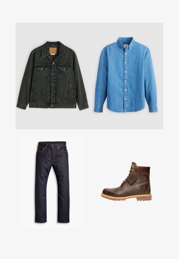 Dunkelgrüne Jeansjacke mit klassischem Schnitt, zwei Brusttaschen, Metallknöpfen und einem Aufnäher am inneren Kragen.; Hellblaues Jeanshemd mit langen Ärmeln, button-down Kragen und weißen Knöpfen. Verfügt über ein kleines besticktes Logo auf der Brust.; Dunkelblaue gerade geschnittene Jeans aus Denim mit fünf Taschen und orangefarbenen Kontrastnähten, flach auf einem weißen Hintergrund ausgelegt.; Braune Leder-Ankelstiefel mit runder Zehenpartie, robuster Sohle, goldfarbener Hardware und strukturiertem Obermaterial. Enthält ein angehängtes Logo-Tag.