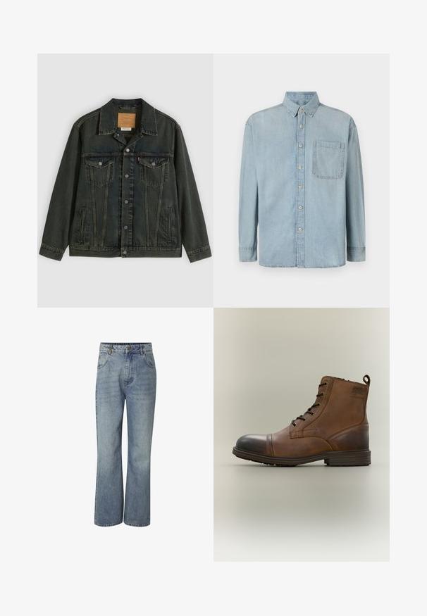 Chaqueta vaquera de color verde oscuro con corte clásico, dos bolsillos en el pecho, botones de metal y una etiqueta de parche en el cuello interior.; Camisa de mezclilla de color azul claro con mangas largas, cierre de botones en la parte delantera y un bolsillo en el pecho. Presenta un cuello clásico y puños estándar.; Vaqueros de denim azul de cintura alta con piernas anchas, cierre frontal con botones, trabillas para cinturón y bolsillos delanteros y traseros.; Bota de cuero marrón con cordones hasta el tobillo, puntera negra, suela redonda y detalle de marca en el lateral sobre un fondo liso.