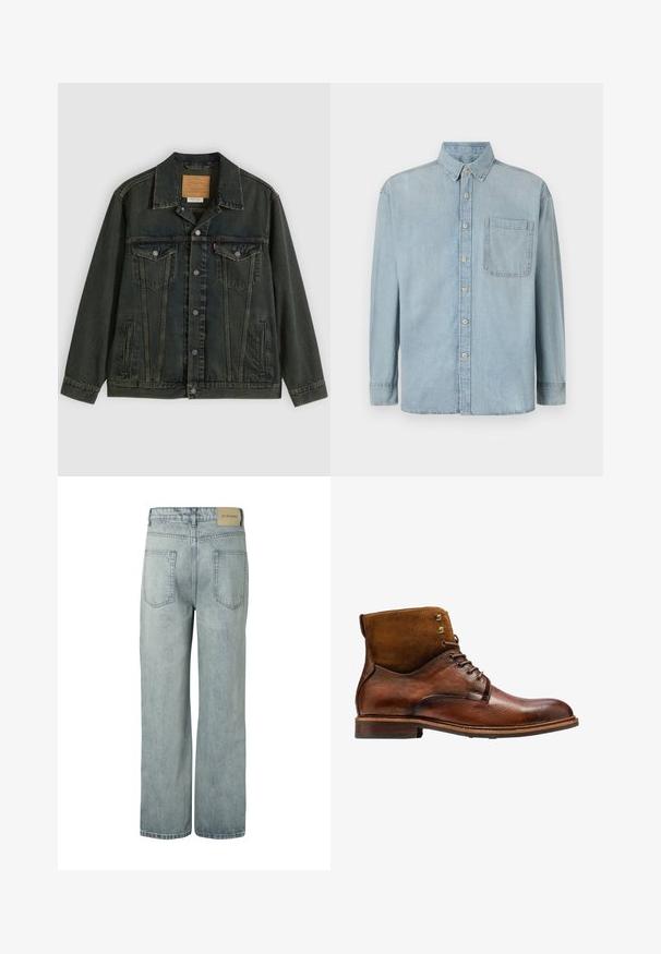 Σκούρο πράσινο denim μπουφάν με κλασική κοπή, δύο τσέπες στο στήθος, μεταλλικά κουμπιά και πλακέτα ετικέτα στο εσωτερικό γιακά.; Ανοιχτό μπλε τζιν πουκάμισο με μακριά μανίκια, κουμπιά μπροστά και μία μόνο τσέπη στο στήθος. Διαθέτει κλασικό γιακά και κανονικές μανσέτες.; Φωτεινά γαλάζια τζιν με ίσια γραμμή, δύο πίσω τσέπες και μπεζ ετικέτα του brand στη μέση.; Kazar ALID - Μποτάκια με κορδόνια - brown