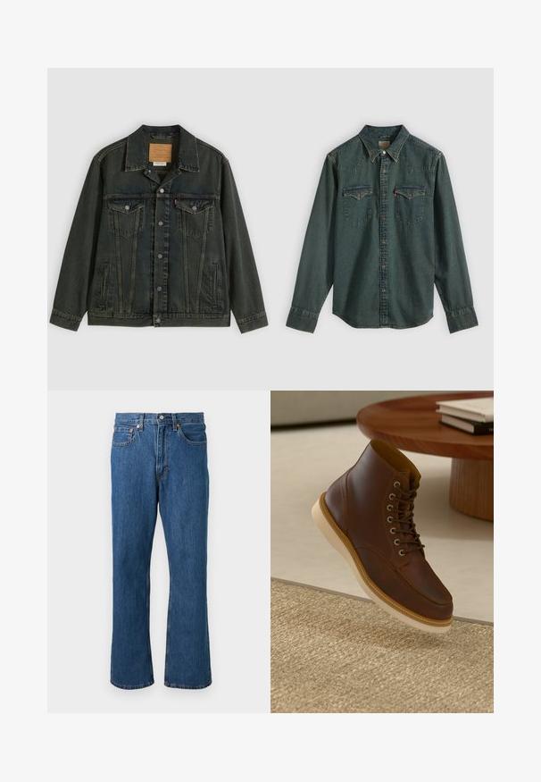 Donkergroene spijkerjas met een klassieke snit, twee borstzakken, metalen knopen en een patch-label aan de binnenkant van de kraag.; Donkerblauw denimshirt met lange mouwen, drukknoopsluiting, westernstijl schouderstuk en twee borstzakken. Voorzien van contrasterende stiksels en een effen textuur.; Blauwe rechttoe rechtaan denim jeans met voorzijde knoop en rits, vijf zakken en oranje stiksel details op een effen achtergrond.; Bruine leren enkelboot met beige zool op een gestructureerd beige vloerkleed naast een ronde houten tafel met opgestapelde boeken.