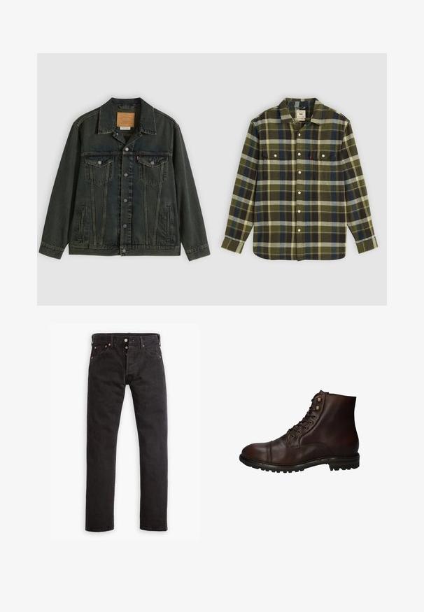 Dunkelgrüne Jeansjacke mit klassischem Schnitt, zwei Brusttaschen, Metallknöpfen und einem Aufnäher am inneren Kragen.; Grüne karierte Flanellhemd mit langen Ärmeln, ausgestattet mit zwei Brusttaschen und weißen Knöpfen. Das Material hat eine weiche Textur und ein lässiges Design.; Schwarze Slim-Fit-Jeans mit Knopfverschluss, fünf Taschen und kupferfarbenen Nieten flach auf einem weißen Hintergrund ausgelegt.; Dunkelbraune Leder Schnürstiefelette mit robustem Gummisohlen und Metallösen, von der Außenseite betrachtet.