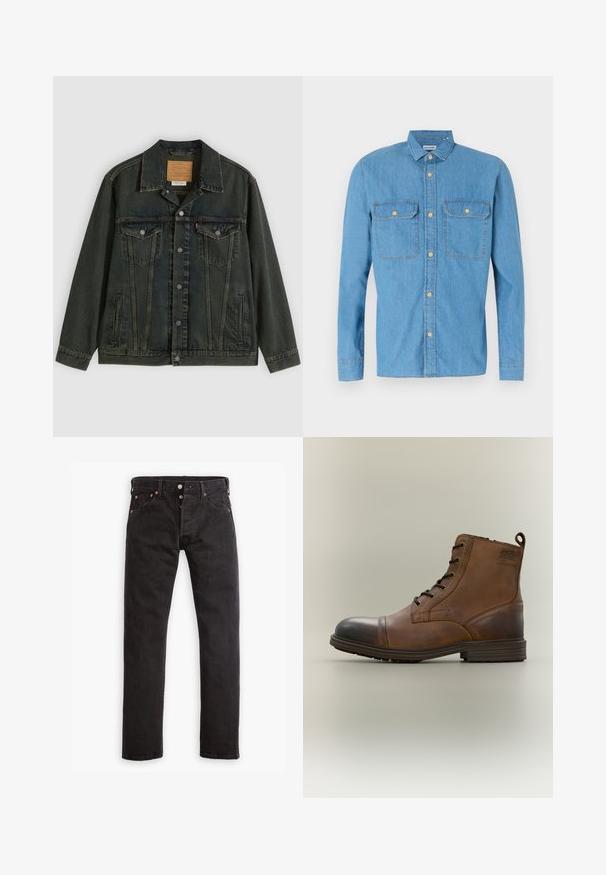 Mørkegrøn denimjakke med klassisk snit, to brystlommer, metalknapper og et mærkepatch på den indvendige krave.; Lysblå denimskjorte med lange ærmer, knaplukning foran, to brystlommer, spids krave og gyldne knapper. Glat tekstur, afslappet design.; Sorte slim-fit jeans med knapåbning, fem lommer og kobbernitter liggende fladt på en hvid baggrund.; Brun læderstøvle med snørebånd, sort tåhætte, rund sål og mærket detalje på siden mod ensfarvet baggrund.
