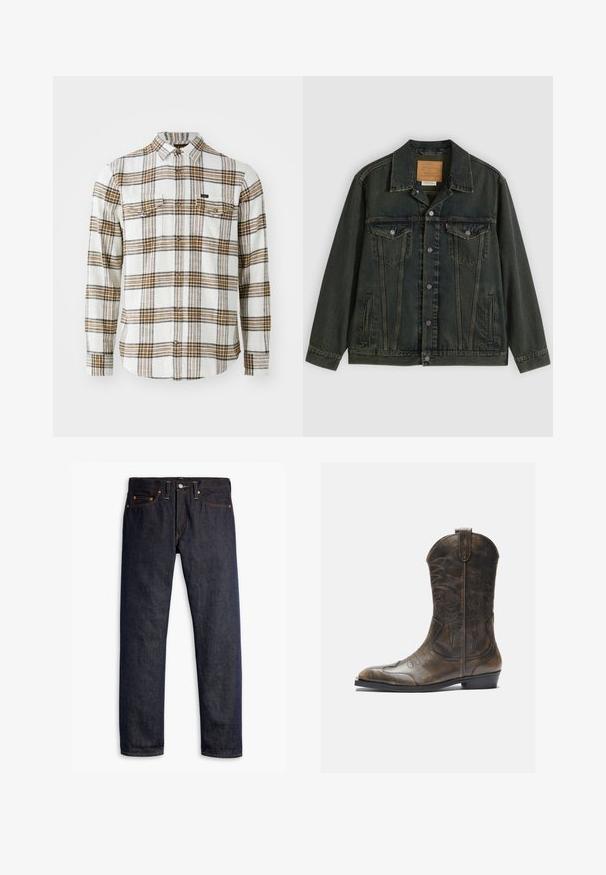 Mørkegrøn denimjakke med klassisk snit, to brystlommer, metalknapper og et mærkepatch på den indvendige krave.; Lee CLEAN WESTERN - Skjorter - ecru ochre plaid; Mørkeblå denimjeans med lige pasform, fem-lomme design, kobbernitter, gul syning og et markant struktureret stof.; Brune læder cowboystøvle med en høj skaft, spids tå, intrikate syning mønstre og en lille hæl. Struktureret finish hele vejen igennem.